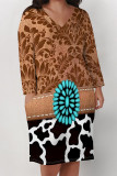 Brown Casual Floral Print Pocket Contrast V Neck Printed Plus Size Dresses