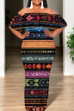 Black Red Casual Print Patchwork Backless Flounce Off Shoulder Long Dresses