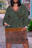 Brown Casual Floral Print Pocket Contrast V Neck Printed Plus Size Dresses