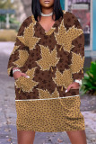Brown Casual Floral Print Pocket Contrast V Neck Printed Plus Size Dresses