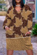 Khaki Casual Floral Print Pocket Contrast V Neck Printed Plus Size Dresses