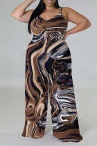 Brown Casual Street Geometric Print Contrast V Neck Plus Size Jumpsuits(There is a headscarf)
