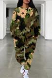 Orange Casual Street Camouflage Print Stripe Draw String Pocket Contrast O Neck Long Sleeve Two Pieces