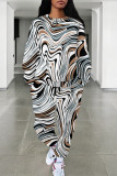 Orange Casual Street Camouflage Print Stripe Draw String Pocket Contrast O Neck Long Sleeve Two Pieces