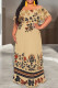 Light Khaki Casual Print Patchwork Ruffled Trim Off Shoulder Long Dresses
