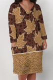 Brown Casual Floral Print Pocket Contrast V Neck Printed Plus Size Dresses
