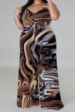 Red Casual Street Geometric Print Contrast V Neck Plus Size Jumpsuits(There is a headscarf)