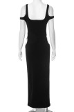 Black Casual Solid Color Hollow Out Patchwork U Neck Long Dresses