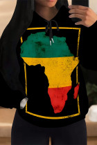 Black Green Casual Stripe Map Printing Draw String Pocket Hooded Tops