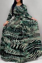 Dark Green Elegant Geometric Print Animal Print Pocket Lace Up Contrast O Neck Printed Dresses