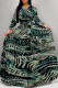 Dark Green Elegant Geometric Print Animal Print Pocket Lace Up Contrast O Neck Printed Dresses