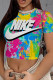 Blue Pink Street Letters Splashed ink printing Contrast O Neck T-Shirts
