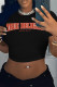 Black Casual Letter Print Contrast O Neck T-Shirts