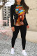 Black Casual Street Graffiti Print Contrast O Neck Long Sleeve Two Pieces