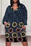 Brown Casual Floral Print Pocket Contrast V Neck Printed Plus Size Dresses