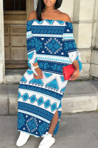 Blue Sexy National Totem Print Lace Up Slit Contrast Off Shoulder Irregular Dresses