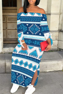 Blue Sexy National Totem Print Lace Up Slit Contrast Off Shoulder Irregular Dresses