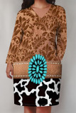 Brown Casual Floral Print Pocket Contrast V Neck Printed Plus Size Dresses