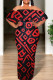 Black Red Casual Print Patchwork Backless Flounce Off Shoulder Long Dresses