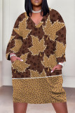 Brown Casual Floral Print Pocket Contrast V Neck Printed Plus Size Dresses