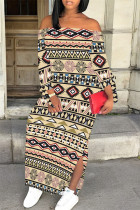 Khaki Sexy National Totem Print Lace Up Slit Contrast Off Shoulder Irregular Dresses