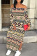 Khaki Sexy National Totem Print Lace Up Slit Contrast Off Shoulder Irregular Dresses