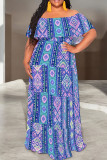 Light Khaki Casual Print Patchwork Ruffled Trim Off Shoulder Long Dresses