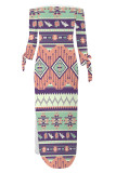 Pink Green Sexy National Totem Print Lace Up Slit Contrast Off Shoulder Irregular Dresses