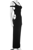 Black Casual Solid Color Hollow Out Patchwork U Neck Long Dresses