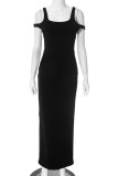 Black Casual Solid Color Hollow Out Patchwork U Neck Long Dresses
