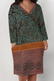 Brown Casual Floral Print Pocket Contrast V Neck Printed Plus Size Dresses