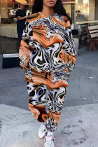 White Brown Casual Street Camouflage Print Stripe Draw String Pocket Contrast O Neck Long Sleeve Two Pieces