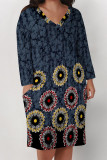 Brown Casual Floral Print Pocket Contrast V Neck Printed Plus Size Dresses