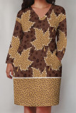 Brown Casual Floral Print Pocket Contrast V Neck Printed Plus Size Dresses