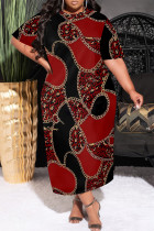 Black Red Casual Chain print Leopard Pocket Contrast O Neck Printed Plus Size Dresses