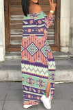 Pink Green Sexy National Totem Print Lace Up Slit Contrast Off Shoulder Irregular Dresses