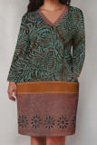 Brown Casual Floral Print Pocket Contrast V Neck Printed Plus Size Dresses