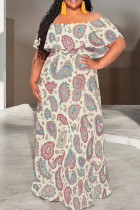 Milky Casual Print Patchwork Ruffled Trim Off Shoulder Long Dresses