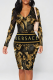 Black Gold Sexy Figure Print Letters V Neck Printed Dresses