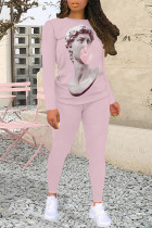 Pink Casual Street Graffiti Print Contrast O Neck Long Sleeve Two Pieces