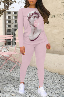 Pink Casual Street Graffiti Print Contrast O Neck Long Sleeve Two Pieces