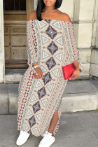 Apricot Sexy National Totem Print Lace Up Slit Contrast Off Shoulder Irregular Dresses