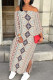 Apricot Sexy National Totem Print Lace Up Slit Contrast Off Shoulder Irregular Dresses