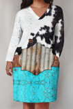Brown Casual Floral Print Pocket Contrast V Neck Printed Plus Size Dresses