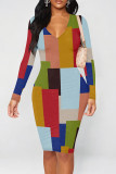 Multicolor Casual Geometric Print Contrast V Neck Printed Dresses