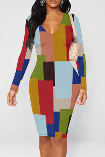 Multicolor Casual Geometric Print Contrast V Neck Printed Dresses