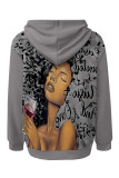 Navy Blue Street Figure Print Draw String Pocket Hooded Tops