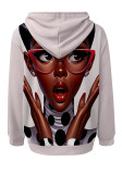 Navy Blue Street Figure Print Draw String Pocket Hooded Tops