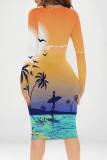 Pink Yellow Street Graffiti Print Contrast V Neck Printed Dresses