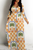 Colour Elegant Plaid Floral Print Pocket Contrast V Neck Printed Dresses